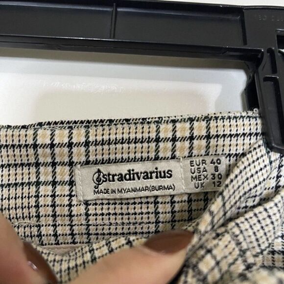Stradivarius Belted Tan plaid side slit Skirt high waist mini shorts size US 8 - Picture 4 of 5